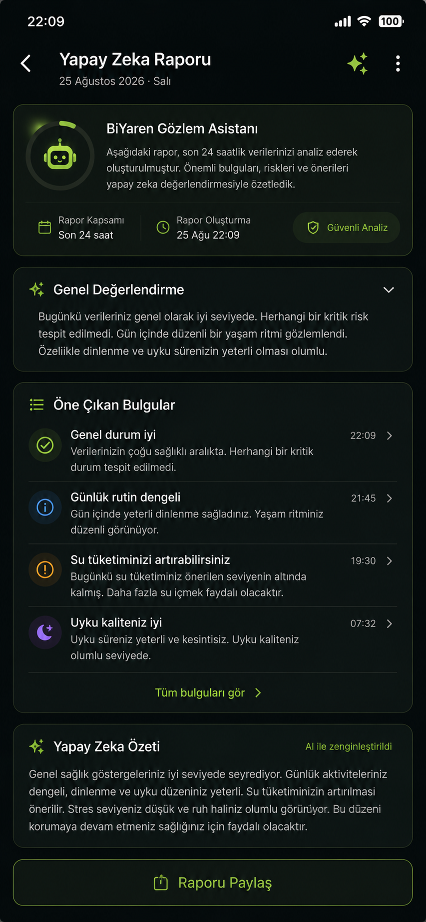 BiYaren Yapay Zekâ Raporu ekranı